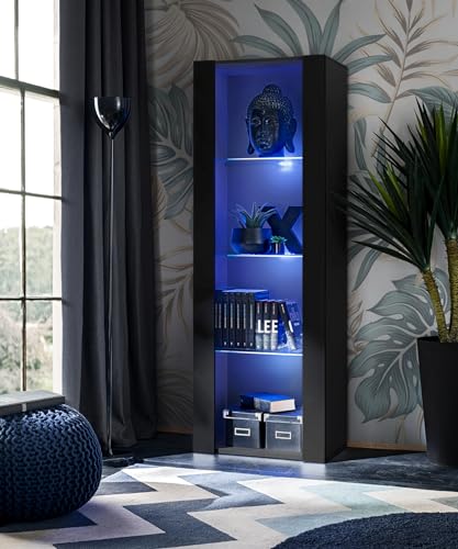 Komodee Vitrine Schrank Tivoli, Schwarz/Schwarz, Breite 55cm x Höhe 159cm x Tiefe 35cm, LED Blau, 3 Regalböden, für Wohnzimmer, Schlafzimmer, Eingang von Komodee