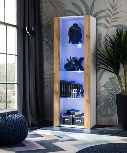 Komodee Vitrine Schrank Tivoli, Wotan/Weiß, Breite 55cm x Höhe 159cm x Tiefe 35cm, LED Blau, 3 Regalböden, für Wohnzimmer, Schlafzimmer, Eingang von Komodee