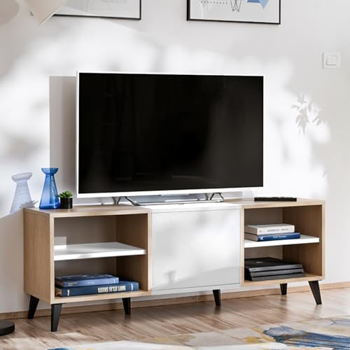 Komodee Fondi TV Schrank, weiß mit hellem Holz - 2 Einlegeböden und Tür, 136x35x49 cm von Komodee