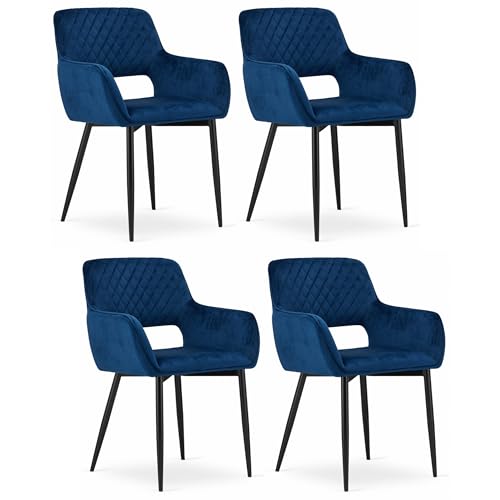 Komodee Furore Stuhl, Blauer Samt mit Armlehnen, Metallbeine, Maße 58x83x56 cm, für Wohnzimmer, 4 Stück, belastbar bis 110 kg von Komodee