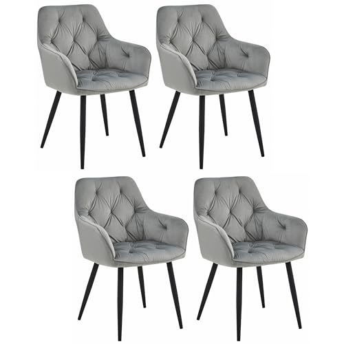 Komodee IGROLI Sessel Silbergrau Samt gepolstert mit Armlehnen Metallbeine schwarz für Wohnzimmer, Küche, Esszimmer, 4 Stück, Belastung bis 110 kg von Komodee