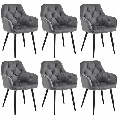 Komodee IRGOLI dunkelgrau Samt gepolsterter Stuhl mit Armlehnen Metallbeine schwarz für Wohnzimmer, Esszimmer, 6er Set, Belastung bis 110 kg von Komodee