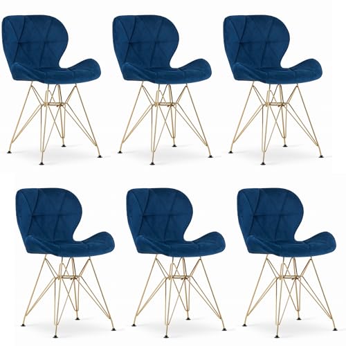 Komodee LEZZENO Stuhl Marineblau Samt mit Armlehnen Metallbeine Gold 6 Stück für Wohnzimmer, Büro, Maße 47x73x53 cm, Belastung bis 110 kg von Komodee