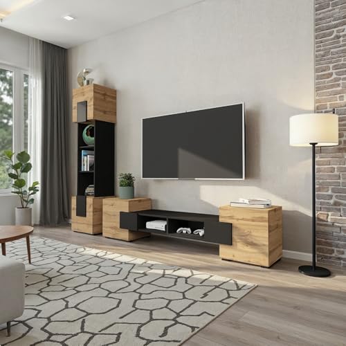 Komodee Möbelset Torino, Schwarz, Eiche Wotan, Breite 220 cm x Höhe 172 cm x Tiefe 35 cm, für Wohnzimmer, Schlafzimmer Komodee Möbelset Torino, Schwarz, Eiche Wotan, Breite 220 cm x Höhe 172 cm x Tiefe 35 cm, für Wohnzimmer, Schlafzimmer von Komodee