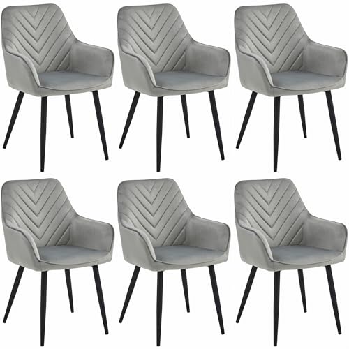 Komodee NEMI silbergrauem Samt gepolsterten Stuhl mit Armlehnen Metall Beine für Wohnzimmer, Küche, Esszimmer, 6 Stück, Last bis 110 kg von Komodee
