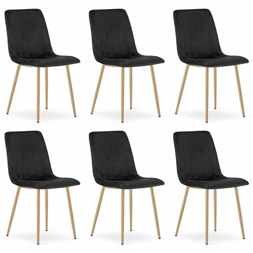 Komodee ORSARA Stuhl schwarz velourgepolstert, Metallbeine in Holzfarbe, Maße 43x90x51 cm, für Wohnzimmer, Büro, 6er Set, Belastbarkeit 110 kg von Komodee