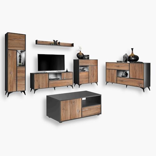 Komodee Orvieto TV Möbelset - Eiche/Anthrazit, 548x187x50 cm, mit LED Beleuchtung, Moderne Wohnwand von Komodee