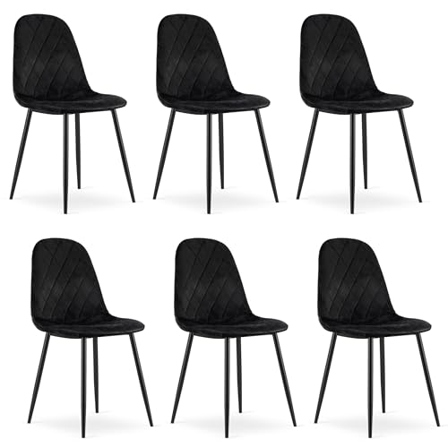 Komodee PIENZA Stuhl, schwarzer Samt mit Armlehnen, Metallbeine, für Wohnzimmer, Büro, Schlafzimmer, Maße 45x88x51 cm, 6er Set von Komodee