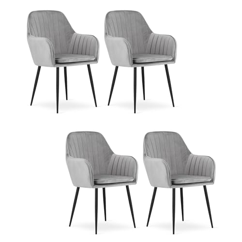Komodee PRAIANO Sessel Silbergrau Samt gepolstert mit Armlehnen Metallbeine für Wohnzimmer, Arbeitszimmer, Schlafzimmer, 4 Stück, Maße 58x87x57 cm, Belastung bis 110 kg von Komodee