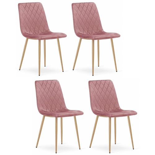 Komodee SCANNO rosa Velours gepolsterter Stuhl mit Metallbeinen in Holzfarbe, Maße 45x89x53 cm, für Wohnzimmer, Arbeitszimmer, 4 Stück von Komodee