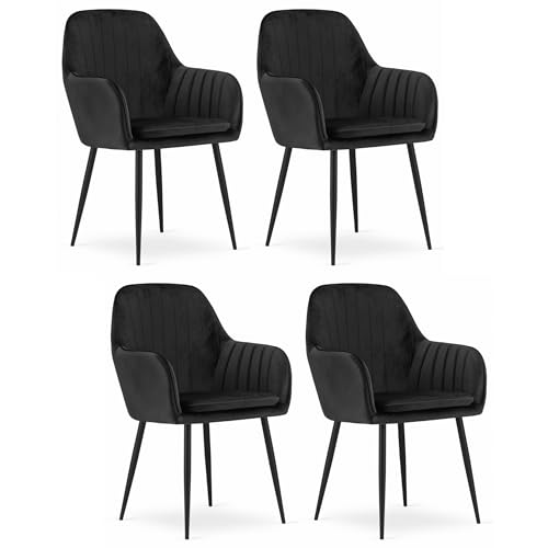 Komodee Sessel PRAIANO, schwarzer Samt mit Armlehnen, metallene Beine, 58x87x57 cm, Set aus 4 Stück für das Wohnzimmer, Büro, Schlafzimmer, Belastung 110 kg von Komodee