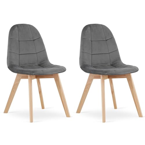 Komodee Sorano Stuhl, dunkelgrau velourgepolstert, Holzbeine, 2 Stück, Maße 45x82x54 cm, für Wohnzimmer, Küche, Schlafzimmer, belastbar bis 110 kg von Komodee