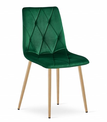 Komodee Stuhl BOSA, Dunkles Grün, mit Samt bezogen, metallische Beine in Holzfarbe, 4 Stück, für Wohnzimmer, Esszimmer, Schlafzimmer, Maße 86,5x45x54 cm, Tragfähigkeit bis 110 kg von Komodee