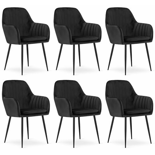 Komodee Stuhl PRAIANO, Schwarze samtige gepolsterte mit Armlehnen, metallische Beine, 6 Stück, für das Wohnzimmer, das Arbeitszimmer, das Schlafzimmer, Maße 58x87x57 cm von Komodee