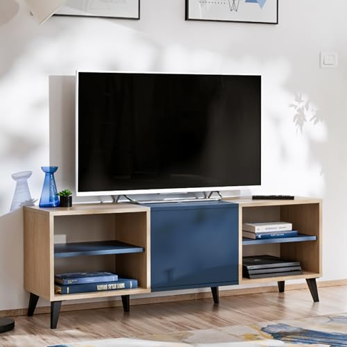 Komodee TV-Schränk Fondi, blau mit hellem Holz – 2 Regale und Türen, 136x35x49 cm von Komodee