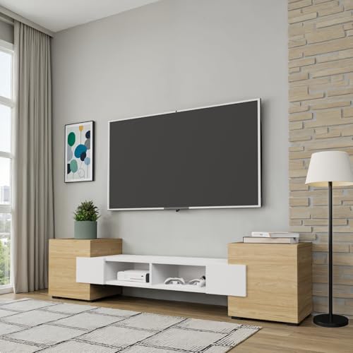 Komodee TV Schränke Torino, Geölte Eiche, Arktisches Weiß, Breite 181 cm x Höhe 40 cm x Tiefe 35 cm, für das Wohnzimmer, Schlafzimmer von Komodee
