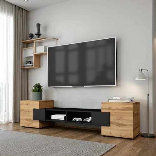 Komodee TV Schränke Torino, Schwarz, Wotan Eiche, Breite 181 cm x Höhe 40 cm x Tiefe 35 cm, für das Wohnzimmer, das Schlafzimmer von Komodee