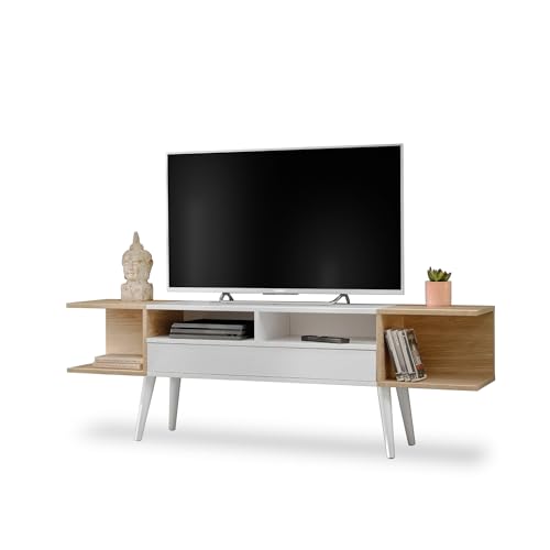 Komodee TV-Schrank Forio - Eiche weiß, mit Türen und 6 Fächern, 160x35x52 cm, für Wohnzimmer, Esszimmer und Schlafzimmer von Komodee