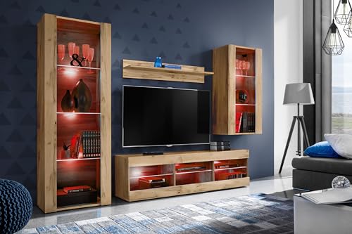 Komodee Wohnwand Wohnzimmerset Tivoli Medio, Wotan/Wotan, Breite 245cm x Höhe 159cm x Tiefe 35cm, LED RGB, für Wohnzimmer, Schlafzimmer von Komodee