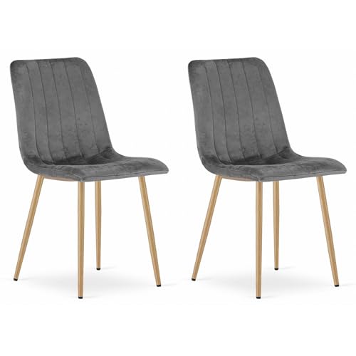 ORSARA Stuhl, dunkelgrauer Veloursbezug mit Armlehnen, Metallbeine in Holzfarbe, für Wohnzimmer, Küche, 2er Set, Belastbarkeit 110 kg von Komodee