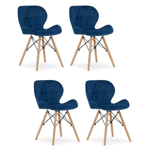 Stuhl AMATRICE dunkelblau, mit Samt gepolstert, Holzbeine, Maße 48x74x53 cm, bis 110 kg, für das Wohnzimmer, Büro, Set von 4 Stück von Komodee