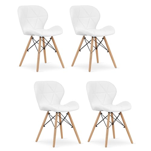 Stuhl AMATRICE weiß gepolstert mit Kunstleder und Holzbeinen, Maße 48x74x53 cm, für das Wohnzimmer, Büro, Esszimmer, Set von 4 Stück, Traglast bis 110 kg von Komodee