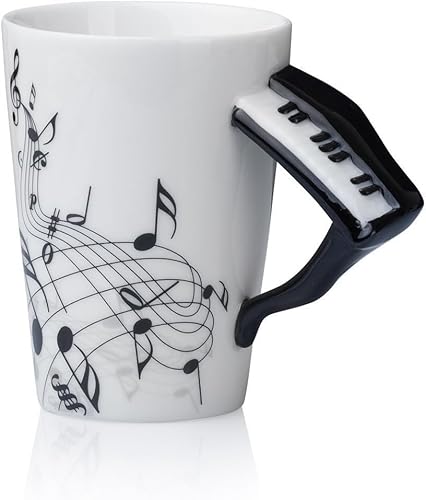 Kompassswc Keramiktasse mit Motiv Henkel Lustig Musik Kaffeetasse Porzellan Tee Kaffee Tasse Musiknoten Bedruckt Teebecher Geschenk 0,3L (Klavier) von Kompassswc