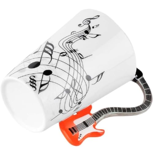 Kompassswc Keramiktasse mit Motiv Henkel Lustig Musik Kaffeetasse Porzellan Tee Kaffee Tasse Musiknoten Bedruckt Teebecher Geschenk 0,3L (ROT- E-Gitarre) von Kompassswc