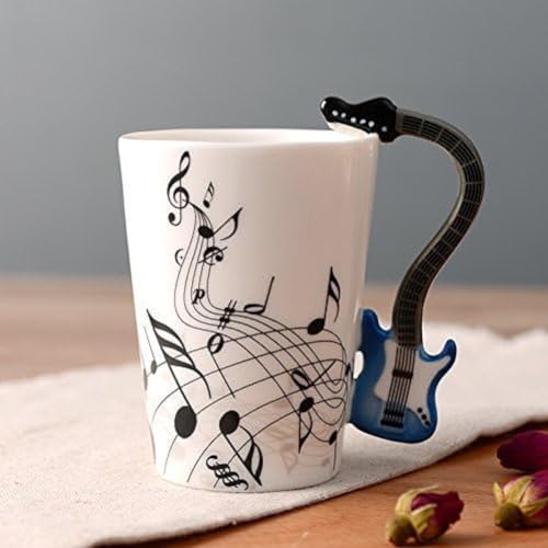 Kompassswc Lusitige Keramiktasse mit Motiv Henkel E-Gitarre Kaffeetasse Porzellan Tee Kaffeebecher Musiknoten Bedruckt Geschenk Tasse Ø7,5 H10cm 0,3L (Blau E-Gitarre) von Kompassswc