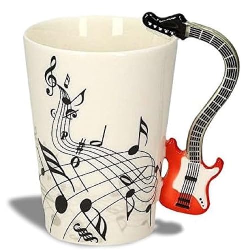 Kompassswc Lusitige Keramiktasse mit Motiv Henkel E-Gitarre Kaffeetasse Porzellan Tee Kaffeebecher Musiknoten Bedruckt Geschenk Tasse Ø7,5 H10cm 0,3L (Rot E-Gitarre) von Kompassswc