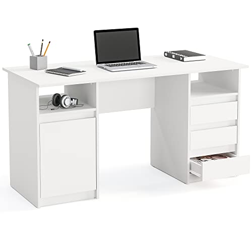 KOMTO Schreibtisch mit Schubladen - Oslo 145 x 65 x 76 cm Moderner Schreibtisch Weiß Bürotisch Computertisch Arbeitstisch Büro PC-Tisch Kinderschreibtisch mit Stauraum von KOMTO