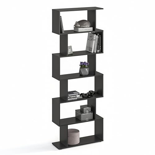 KOMTO Bücherregal Schwarz - Raumteiler Regal 191x70x24 cm Standregal Holz und Hoch mit 6 Ebenen S-Förmiges Modern Hochregal Aktenregal Büroregal von KOMTO