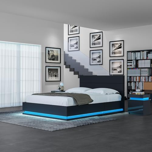 Komtopod Bett 140x200 mit Stauraum, Bettgestell mit LED Beleuchtung, Doppelbettgestell Metallbett Gästebett aus Metall, für Schlafzimmer Gästezimmer (Schwarz) von Komtopod