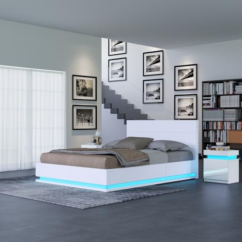 Komtopod Bett 140x200 mit Stauraum, Bettgestell mit LED Beleuchtung, Doppelbettgestell Metallbett Gästebett aus Metall, für Schlafzimmer Gästezimmer (Weiß) von Komtopod