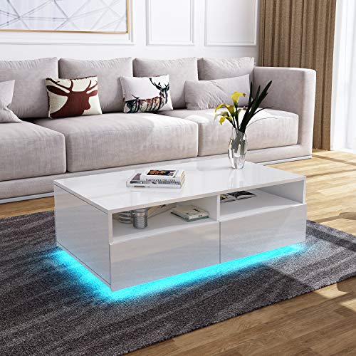 Komtopod Couchtisch für Wohnzimmer, Hölzerner Mitteltisch Teetisch, Weiß Glanz Couchtisch mit LED-Beleuchtung, Rechteckiger Wohnzimmertisch Beistelltisch mit 4 Schubladen & Offenem Fach von Komtopod