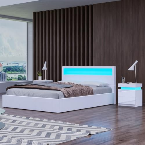 Komtopod Polsterbett Bett 140x200 cm mit LED Beleuchtung, Hydraulisches Bett, Metallbett mit Lattenrost, Bettgestell mit Stauraum (ohne Matratze) (Weiß, 140x200 cm) von Komtopod