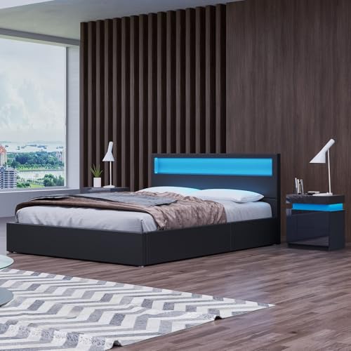 Komtopod Polsterbett Bett 160x200 cm mit LED Beleuchtung, Hydraulisches Bett, Metallbett mit Lattenrost, Bettgestell mit Stauraum (ohne Matratze) (Schwarz, 160x200 cm) von Komtopod