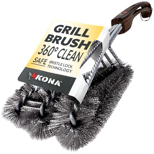 Kona 360 Clean Grillbürste – 45,7 cm beste BBQ Grillbürste – Holzmaserung Designer Griff – Edelstahl 3-in-1 Grillreiniger bietet mühelose Reinigung von Kona