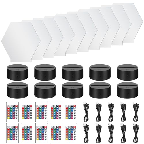 Konesky 10 Stück transparente Acrylplatten und 10 Stück 3D-Nachtlicht-Lampensockel mit Fernbedienung und USB-Kabel, DIY-Acryl-LED-Nachtlampen-Set, 7 Farben für Bar, Raumdekoration (Hexagon) von Konesky