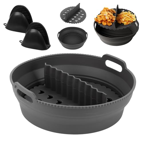 Silikon Air Fryer Liners Basket, Antihaft Air Fryer Zubehör mit Trennwand & Hitzebeständige Handschuhe, Wiederverwendbarer Air Fryer Basket Faltbare Air Fryer Liner mit Ölfilter von Konesky