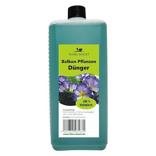 Konfitee Balkonpflanzen Dünger Flora Boost 1000ml I Für bis zu 200L Gießwasser I Für alle Balkon- & Kübelpflanzen geeignet I Flüssiger Blatt- & Wurzeldünger I 100% natürlicher Pflanzendünger von Konfitee