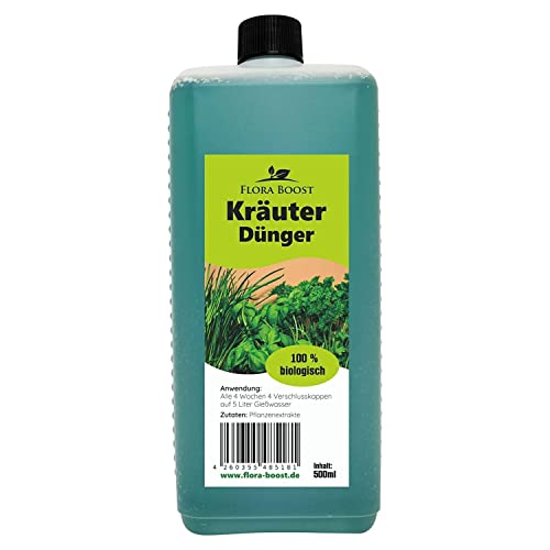 Konfitee Kräuter Dünger Flora Boost 500ml I Für bis zu 100L Gießwasser I Für alle Kräuter Pflanzen geeignet I Flüssiger Blatt- & Wurzeldünger I 100% natürlicher Pflanzendünger von Flora Boost