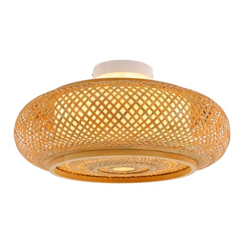 Konfiur Bambus Deckenlampe, Led Deckenleuchte E27 220V Rattan Lampe 40x14cm Rattan Lampenschirm, Hängeleuchte mit 3 Glühbirnen, für Schlafzimmer Wohnzimmer Flur, Gelb von Konfiur