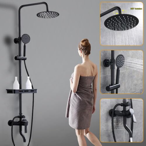 Konfiur Duschset, Retro Schwarz Bad Duscharmatur, Messing Regendusche Duschsystem, Wand-Montage Brausegarnitur mit Handbrause Duschpaneel Regal, Massage Duschsystem Freiliegende Duscharmaturen Satz von Konfiur