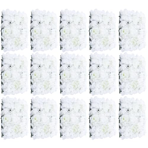 Konfiur Kunstblumenwand, 15x 40x60cm Künstliche Blumenwand, Seidenblume Rosenwand Rosenwand Kunstblumen Deko Stück Blumenwandpaneel, DIY Hochzeit Straße Hintergrund, Weiß von Konfiur