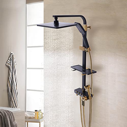 Konfiur Regendusche, Duscharmatur mit Handbrause Kopfbrause, Regendusche mit Ablage, Duschpaneel mit Armatur, Freiliegende Duschsysteme Duschsäule für Bad, Schwarz und Gold Konfiur Regendusche, Duscharmatur mit Handbrause Kopfbrause, Regendusche mit Ablage, Duschpaneel mit Armatur, Freiliegende Duschsysteme Duschsäule für Bad, Schwarz und Gold von Konfiur