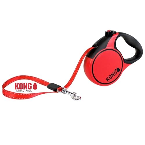 KONG ausrollbare Hundeleine in 5m Länge I Für kleine Hunde bis 20kg I Größe S I Hochwertige Rollleine mit Break & Lock System in rot I komfortable Leine mit Softgriff & reflektierendem Gurt von KONG