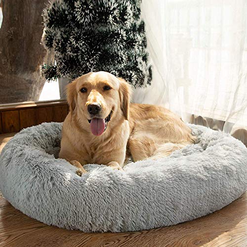 Deluxe Hundebett aus weichem Fell,maschinenwaschbar,selbstwärmender gemütlicher Schlaf mit Weich Kissen für mittelgroße und große Hunde und Katzen-XXL:110CM-Grau von KongEU