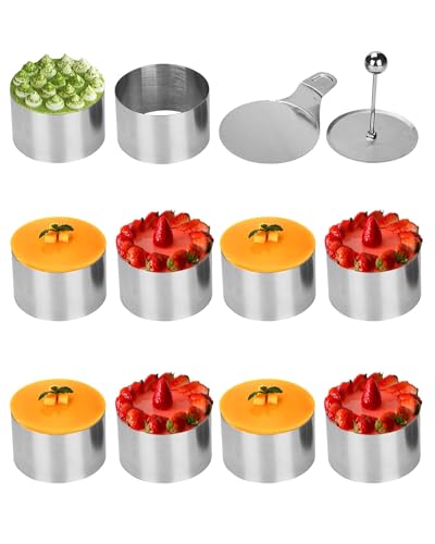 Kongming 10 Stück Dessertringe und Speiseringe Set Edelstahl Servierringe 8cm mit Heber & Stampfer Kleine Backringe Tortenring Nahtlose Anrichteringe für Herstellung Mousse Torten, Reiskugel von Kongming