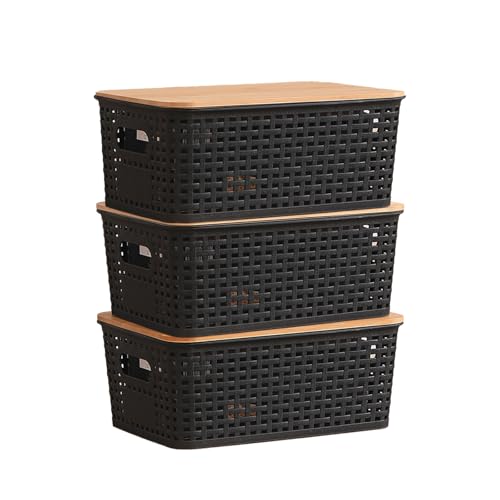 Kongming 3 Stücke Aufbewahrungsbox mit Bambus Deckel und Griff, 5l Kunststoff Bad Organizer Klein Aufbewahrungskorb Boxen Aufbewahrung für Küche Badezimmer Schlafzimmer Balkon 25x18x10cm (Schwarz) von Kongming